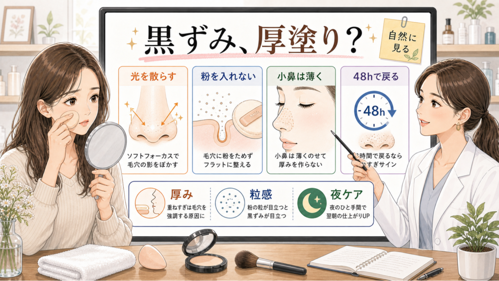 黒ずみ毛穴を厚塗りせず光・粉・小鼻の薄塗り・48時間の戻り方で整理する美容相談イラスト