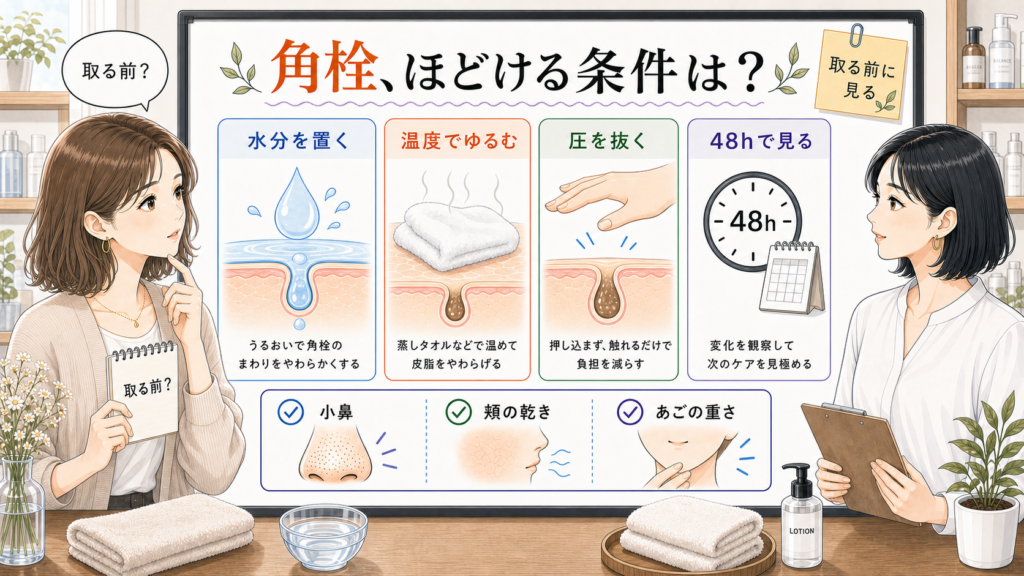 角栓を柔らかくする前処理を水分・温度・圧で整理する図解