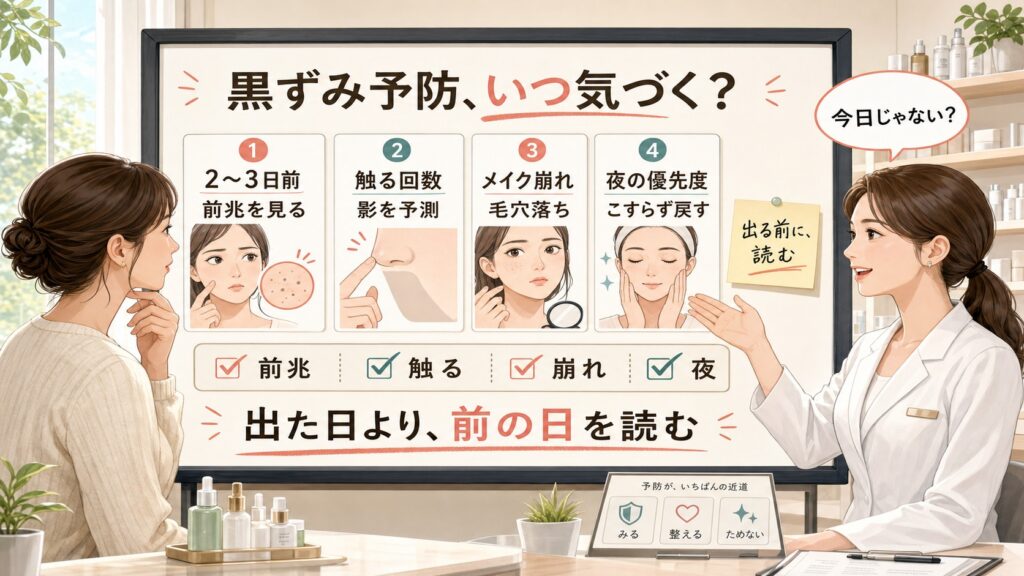 毛穴黒ずみ予防を2〜3日前の前兆、触る回数、メイク崩れ、夜のこすらない調整で見分ける美容相談ボード