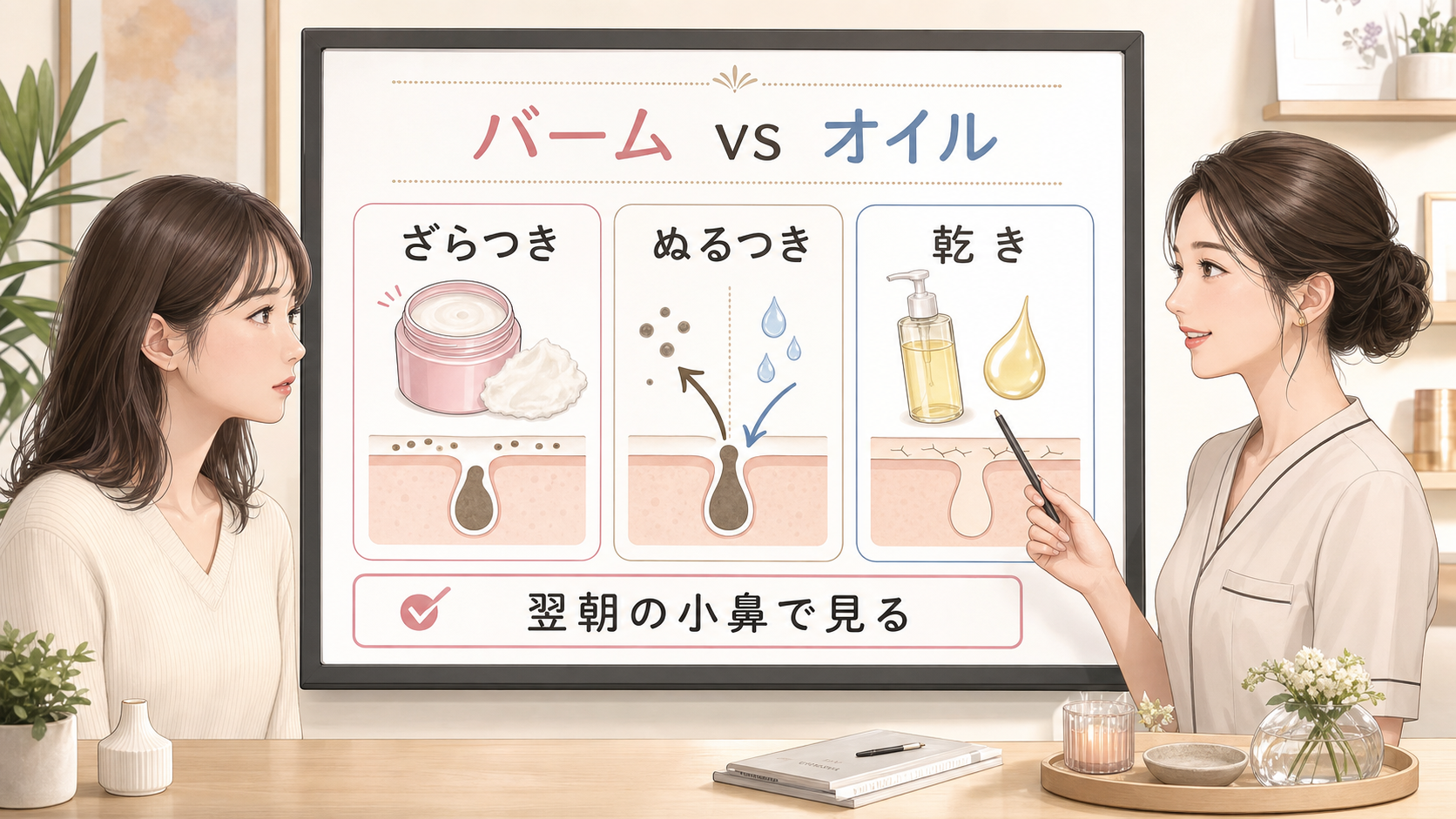 クレンジングバームとオイルの選び方を毛穴のざらつき・ぬるつき・乾きで比較する図