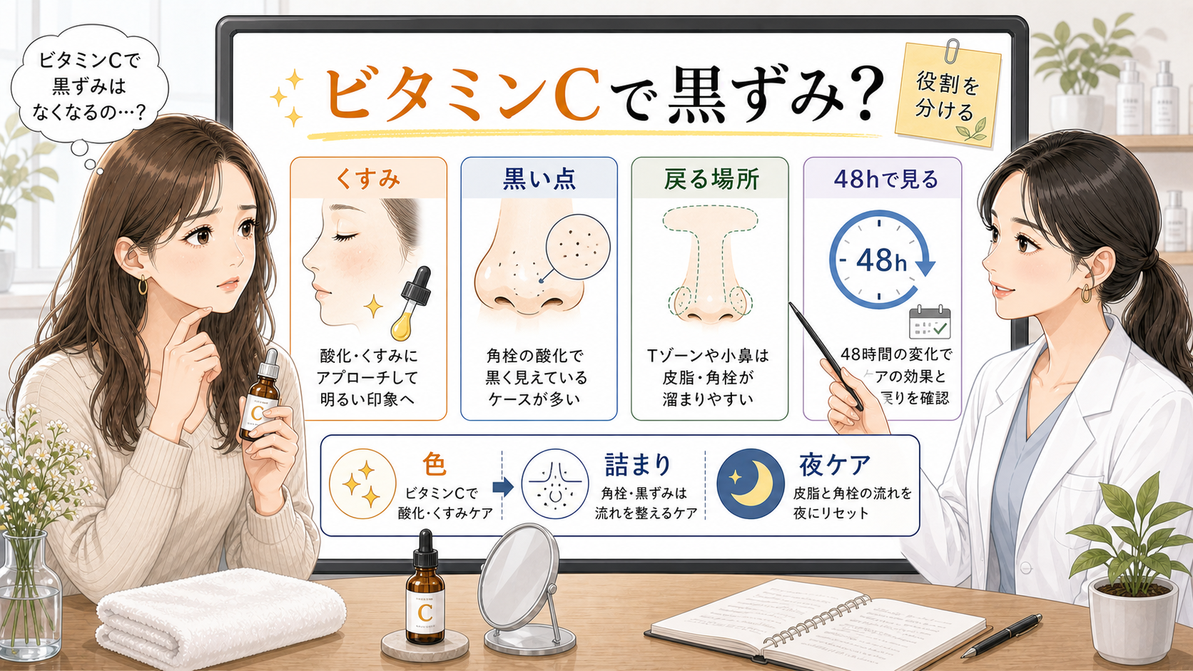 ビタミンCで見えるくすみと戻る黒い点を色・詰まり・夜ケアで分ける美容相談イラスト
