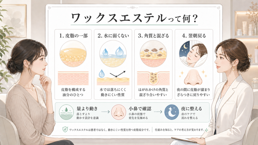 ワックスエステルとは何かを皮脂や毛穴の動きで説明する白ボード