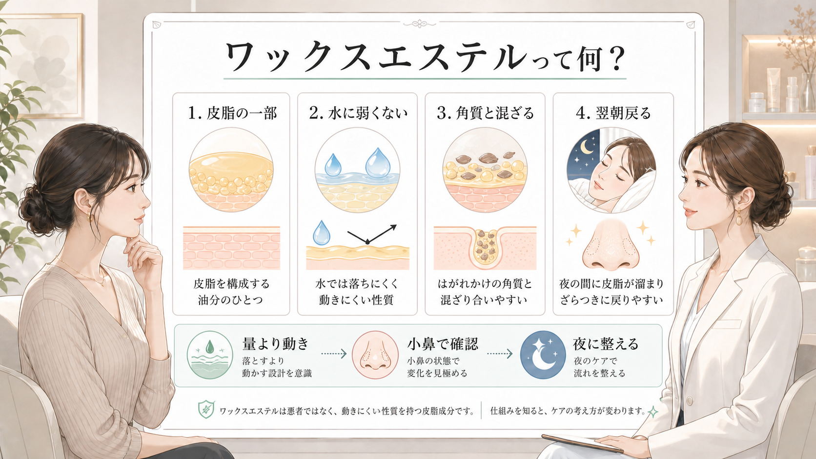 ワックスエステルとは何かを皮脂や毛穴の動きで説明する白ボード