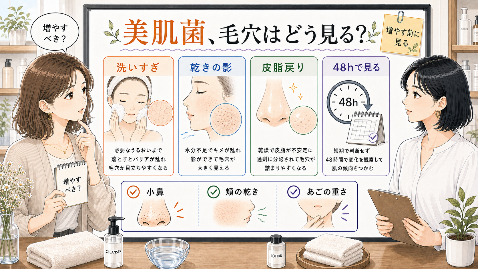 美肌菌と毛穴印象を洗いすぎ・乾き・皮脂戻りで整理する図解