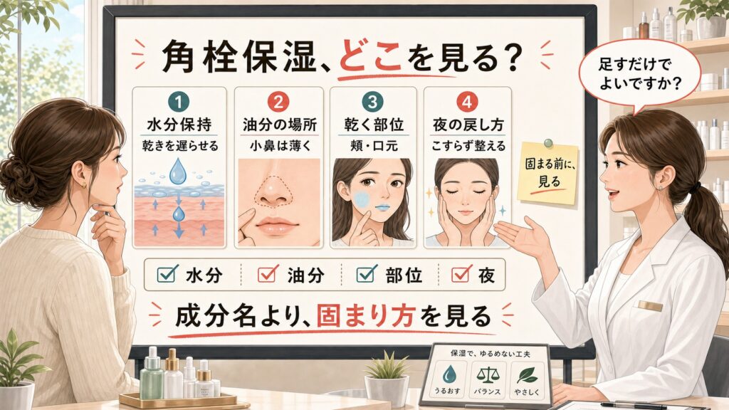角栓保湿を水分保持、油分の置き場所、乾く頬と口元、夜のこすらない戻し方で見分ける美容相談ボード