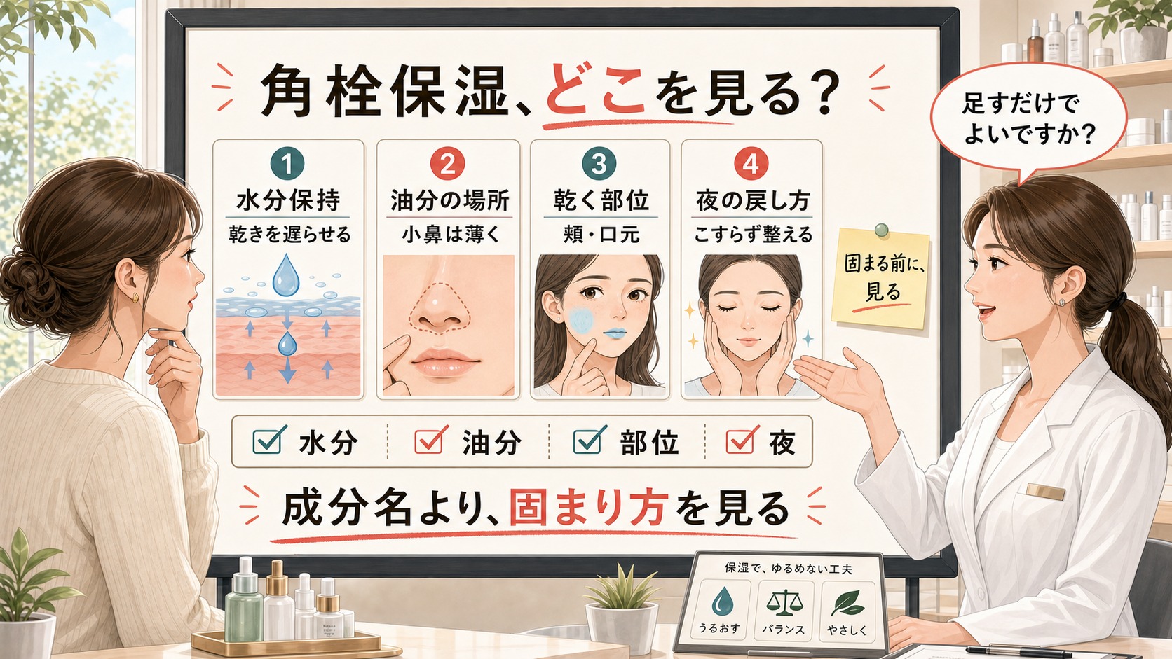 角栓保湿を水分保持、油分の置き場所、乾く頬と口元、夜のこすらない戻し方で見分ける美容相談ボード