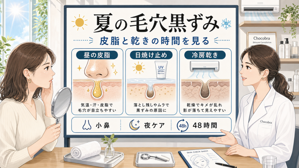 夏の毛穴黒ずみを昼の皮脂日焼け止め冷房乾きで整理する相談ボードのアイキャッチ
