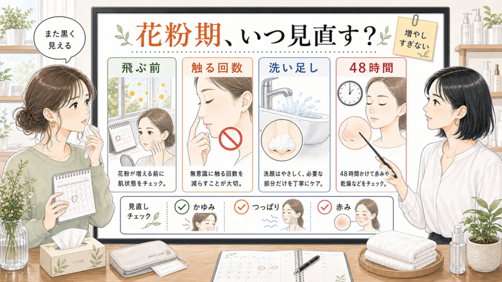 花粉シーズンの毛穴黒ずみをカレンダーと触る回数と洗い足しと48時間で比較する美容メディア挿絵