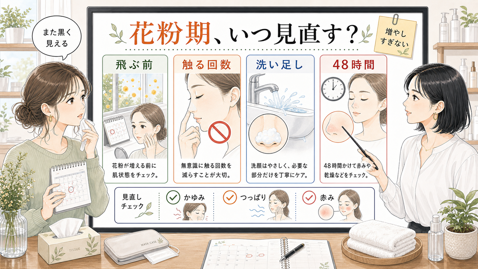 花粉シーズンの毛穴黒ずみをカレンダーと触る回数と洗い足しと48時間で比較する美容メディア挿絵