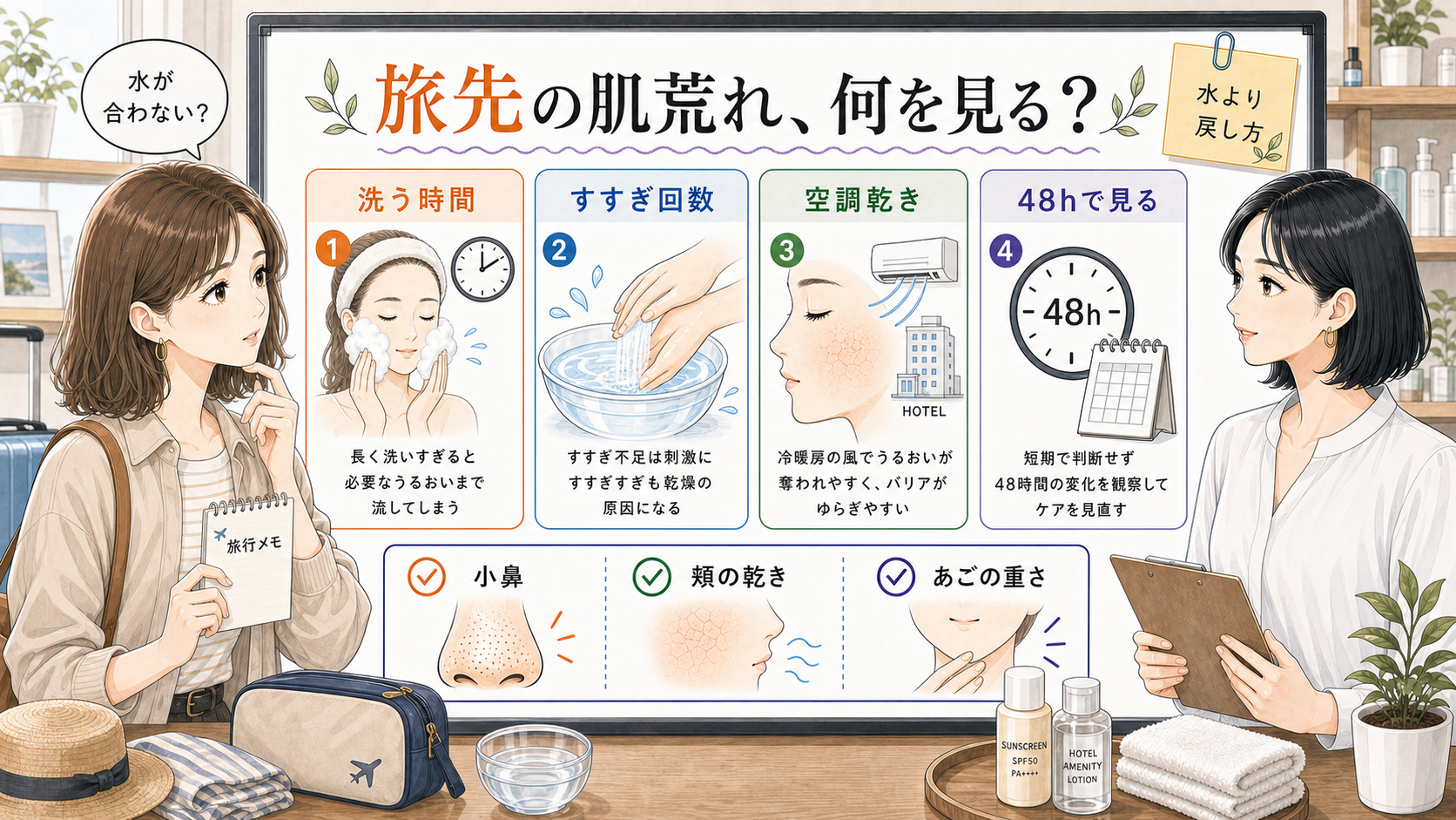 海外旅行中の肌荒れを洗う時間・すすぎ・空調乾きで整理する図解