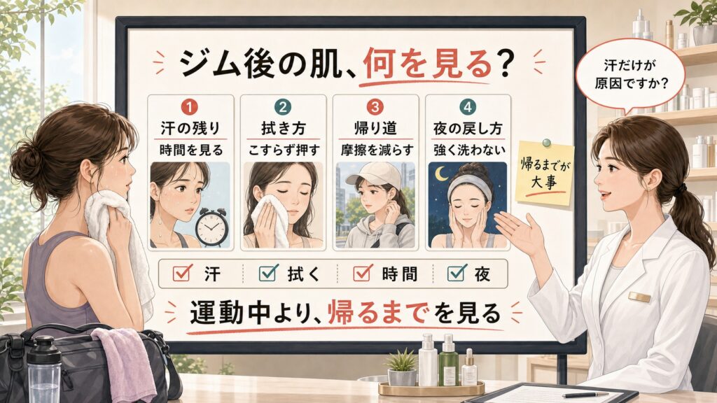 ジム後の肌荒れを汗の残り、こすらない拭き方、帰り道の摩擦、夜の強く洗わない戻し方で見分ける美容相談ボード