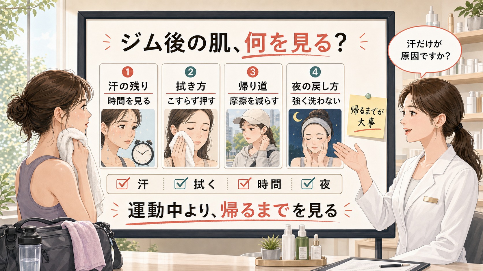 ジム後の肌荒れを汗の残り、こすらない拭き方、帰り道の摩擦、夜の強く洗わない戻し方で見分ける美容相談ボード
