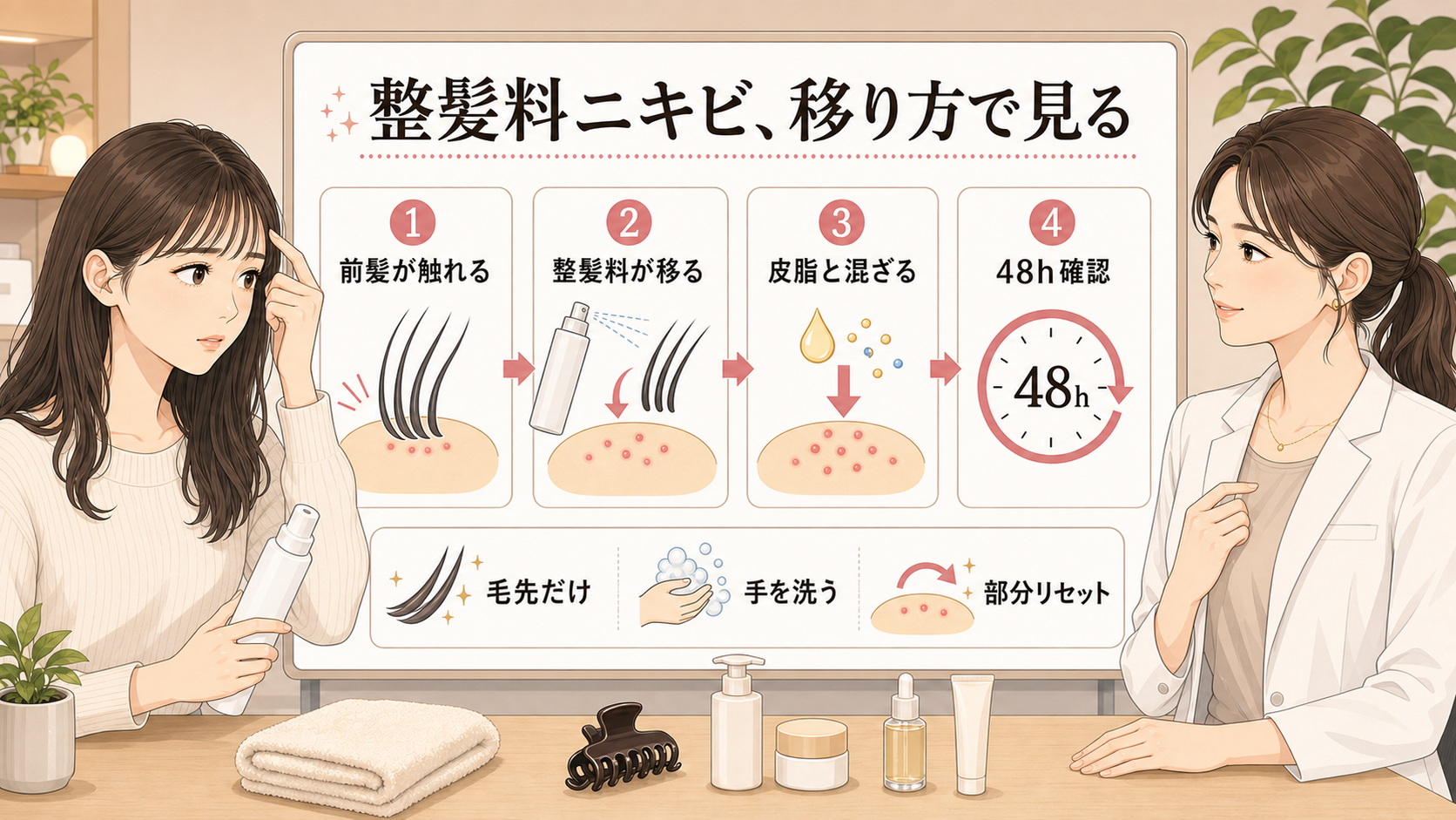 整髪料ニキビを前髪が触れる、整髪料が移る、皮脂と混ざる、48時間確認のアイコン図で整理するアイキャッチ