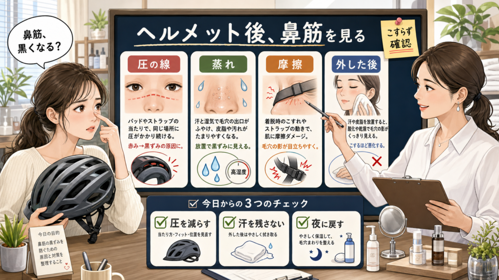 ヘルメット後の鼻筋黒ずみとニキビ対策を圧・蒸れ・摩擦・外した後の処理で整理するアイキャッチ