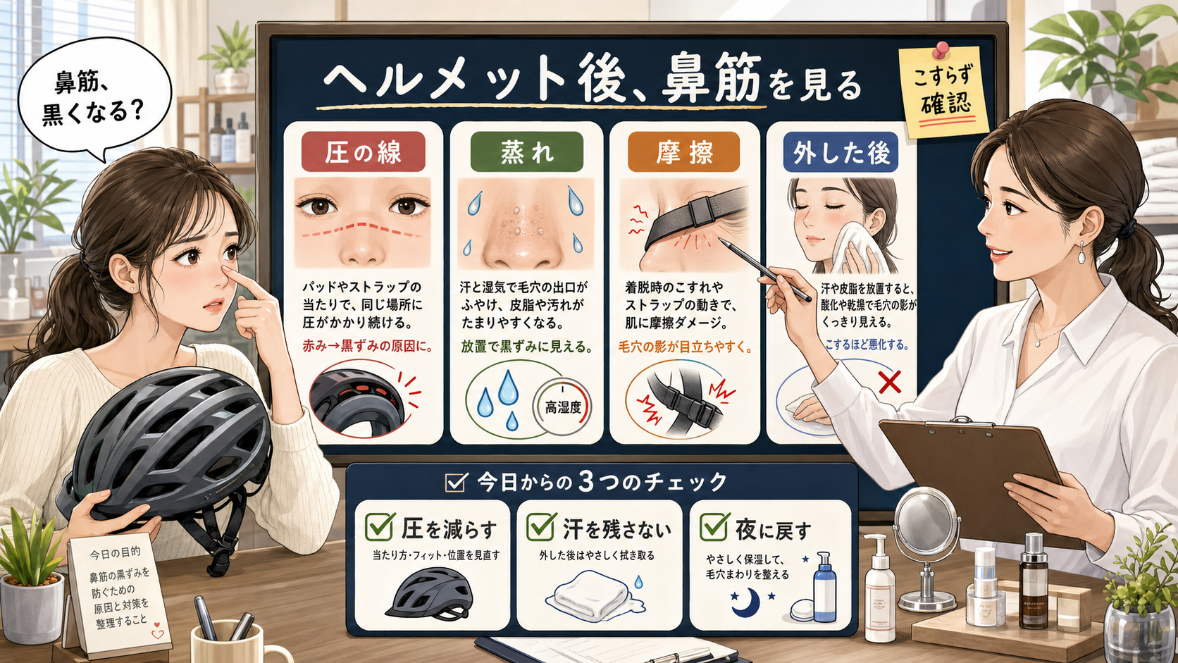 ヘルメット後の鼻筋黒ずみとニキビ対策を圧・蒸れ・摩擦・外した後の処理で整理するアイキャッチ
