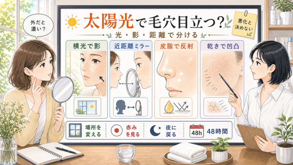 太陽光で毛穴が目立つ理由を光と影と距離で整理する美容メディア風イラスト