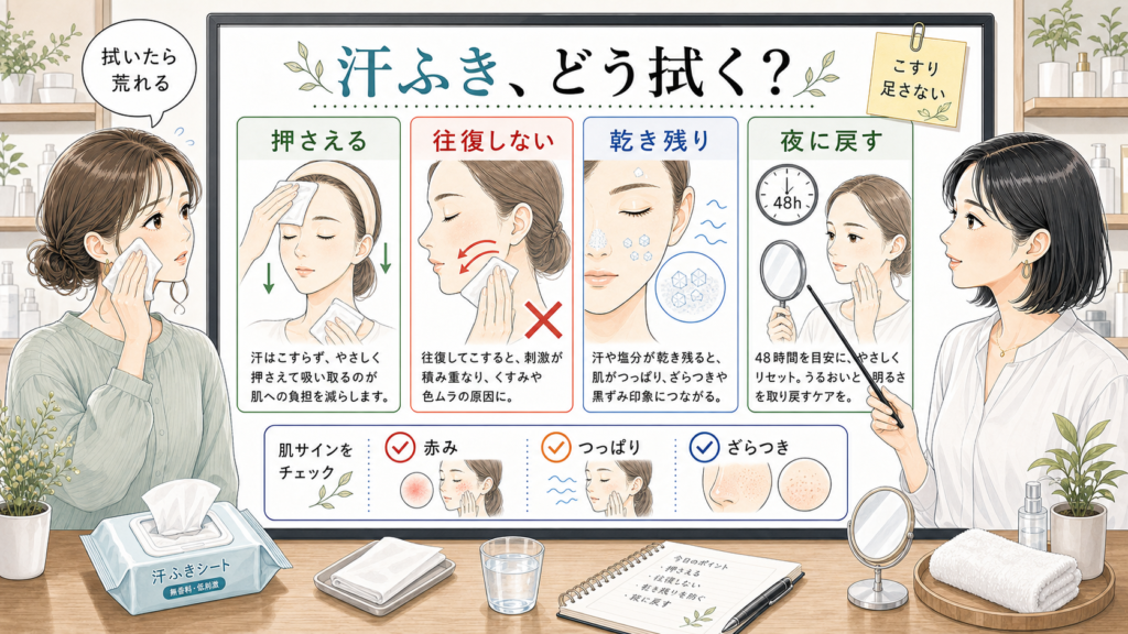 汗ふきシートで肌荒れしやすい時の押さえる拭き方と乾き残りと赤みを比較する美容メディア挿絵