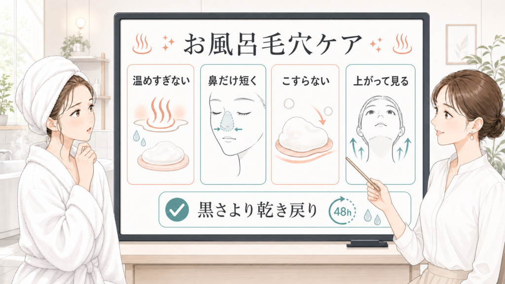 お風呂毛穴ケアの温度・泡・こすらない判断を示す白ボードと女性アドバイザー