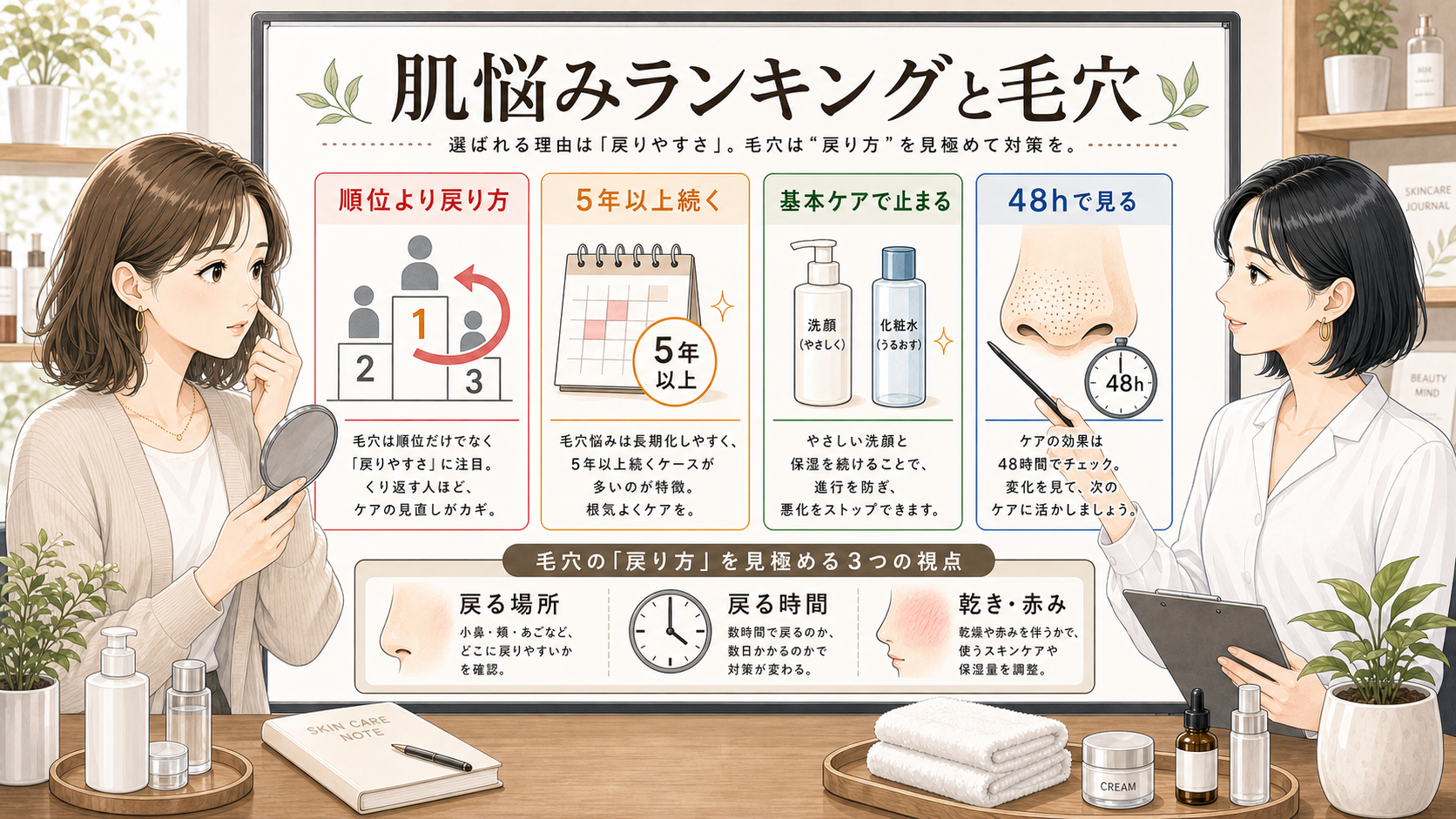 肌悩みランキングに残る毛穴悩みを順位・5年以上・基本ケア・48時間の戻り方で整理する美容相談イラスト