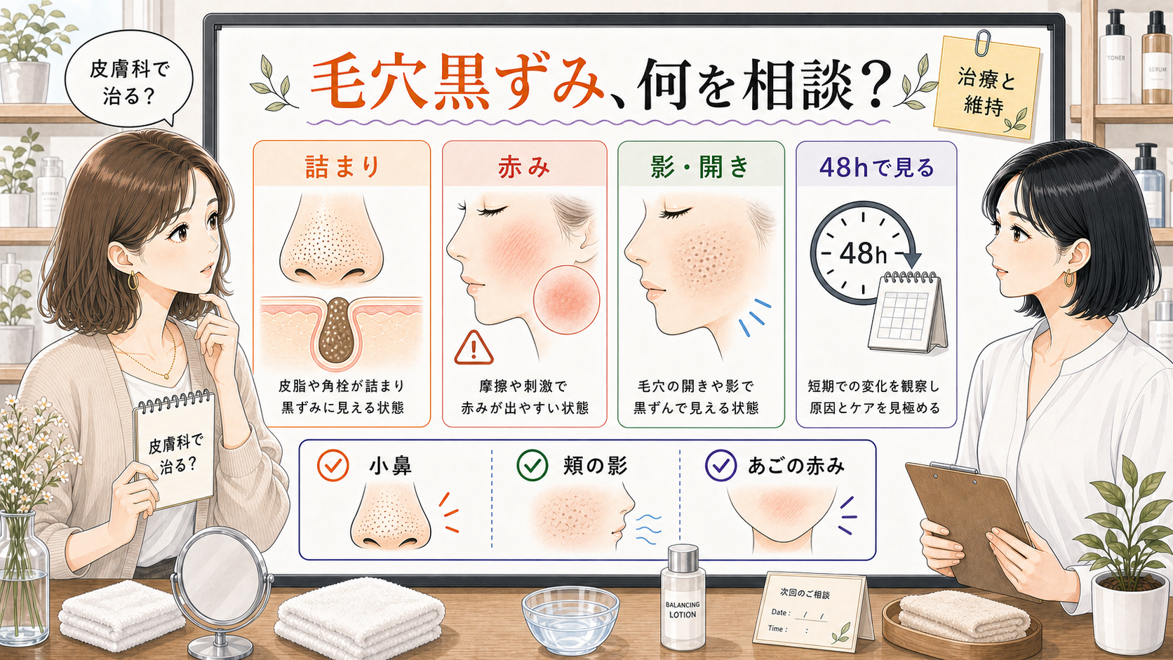 毛穴黒ずみを皮膚科で相談する前に詰まり・赤み・影を整理する図解