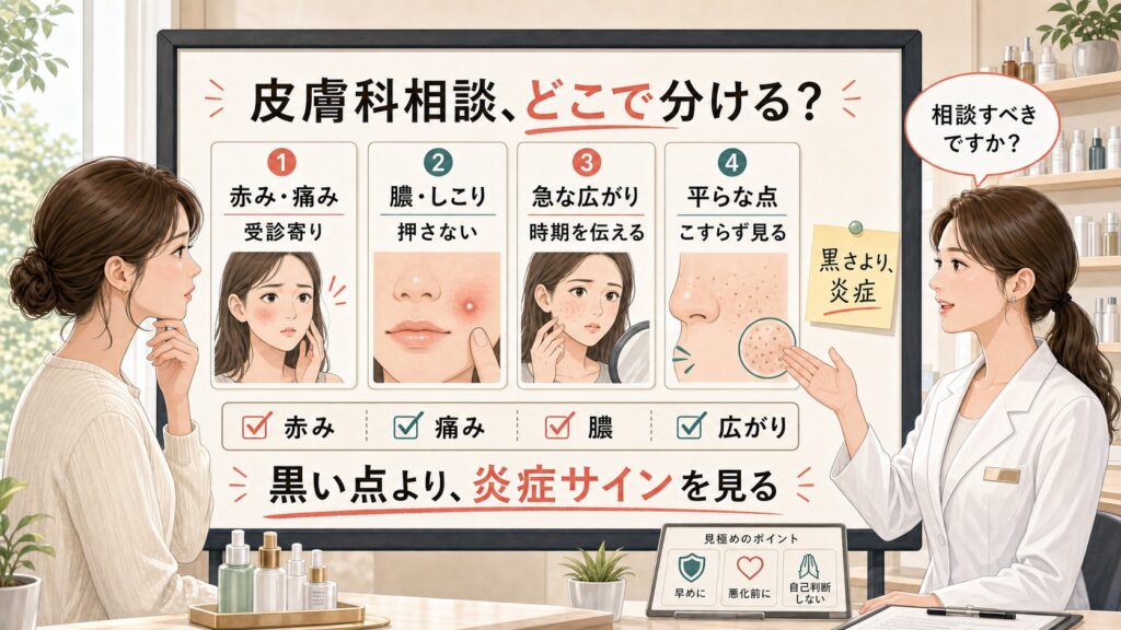 毛穴の黒ずみで皮膚科に行くべきかを赤み、痛み、膿、急な広がり、平らな黒い点で見分ける美容相談ボード