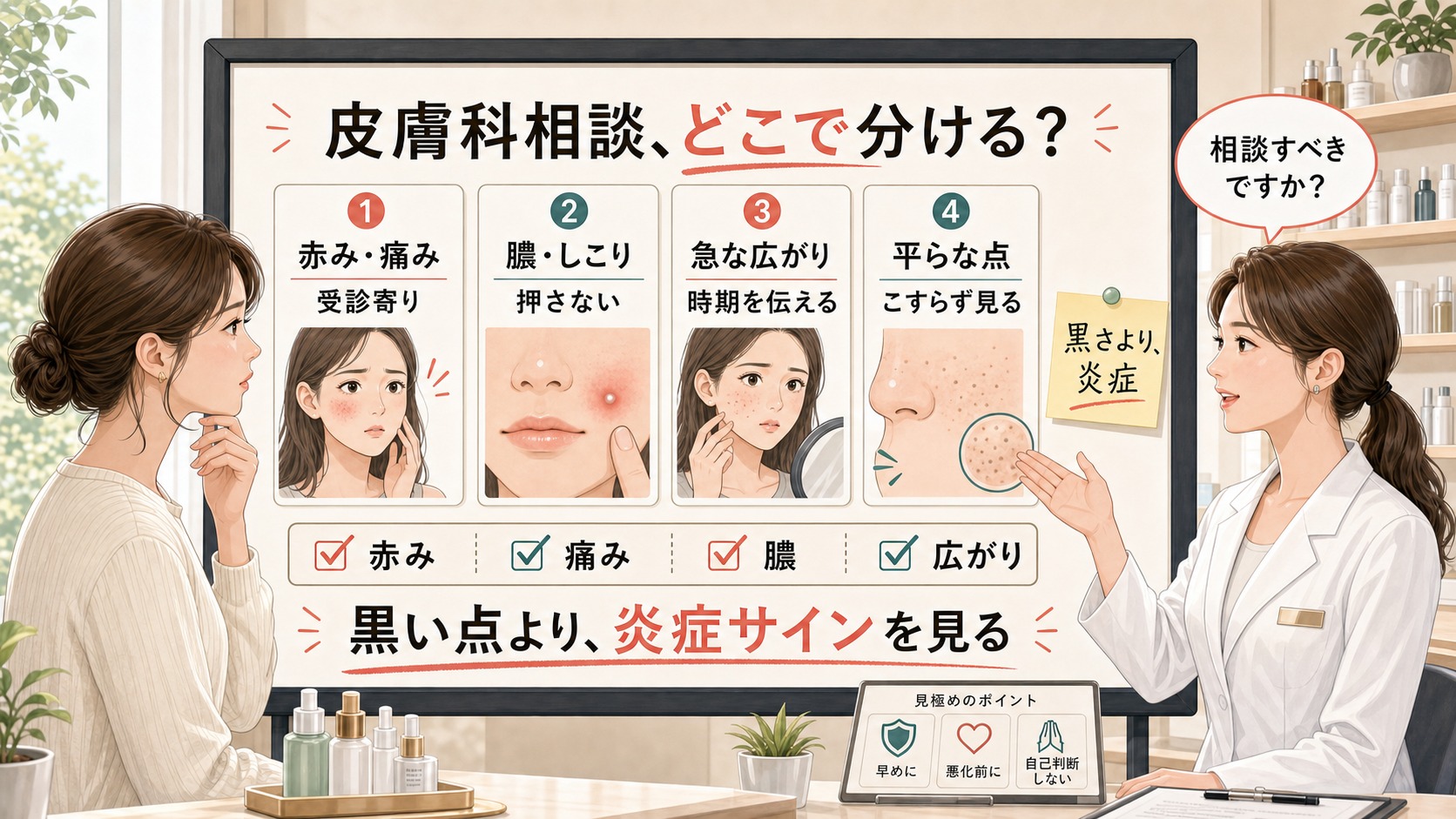 毛穴の黒ずみで皮膚科に行くべきかを赤み、痛み、膿、急な広がり、平らな黒い点で見分ける美容相談ボード