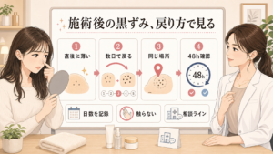 施術後の黒ずみを直後に薄い、数日で戻る、同じ場所、48時間確認で整理するアイキャッチ