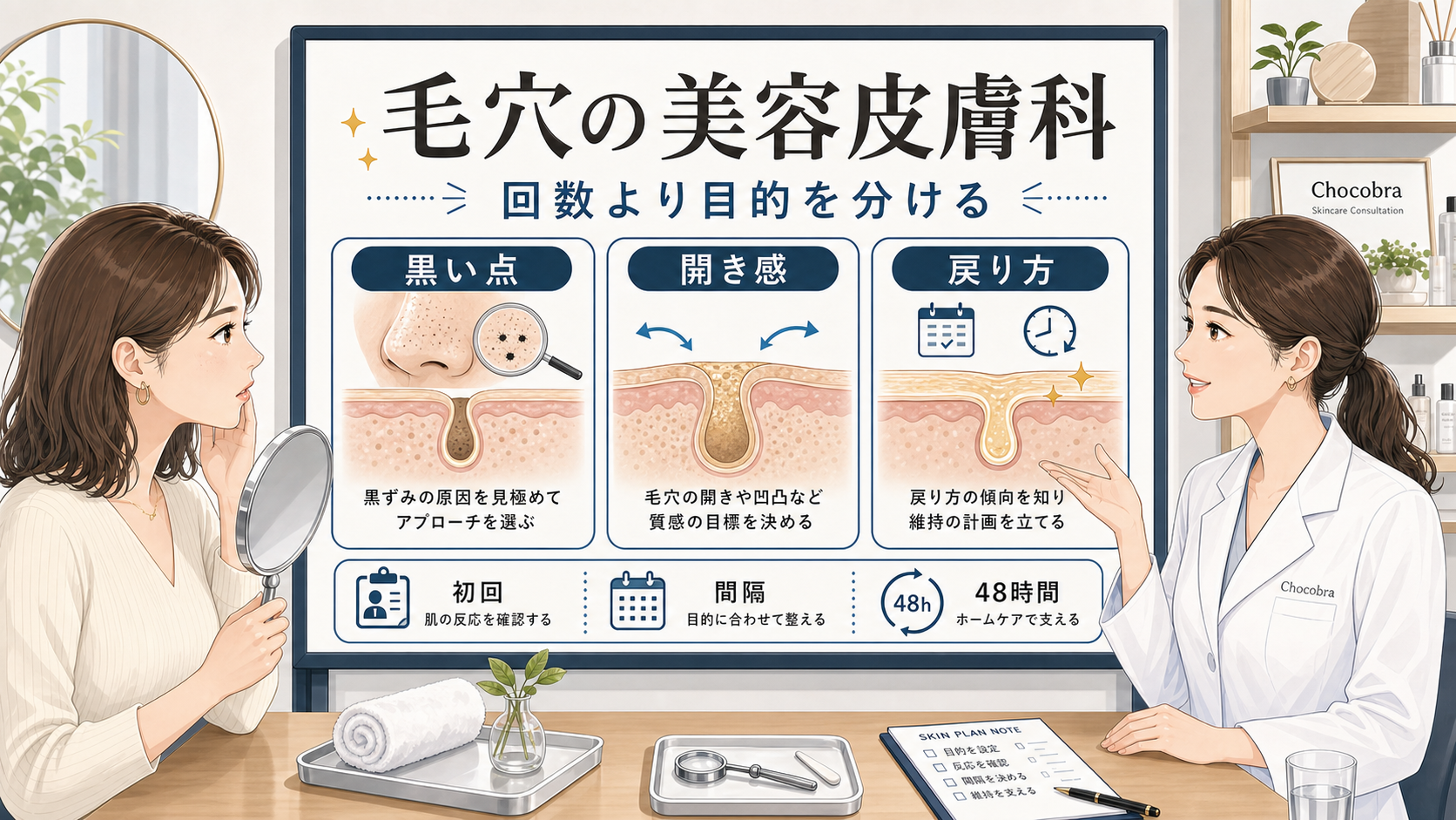 毛穴の美容皮膚科治療を黒い点開き感戻り方で整理する相談ボードのアイキャッチ