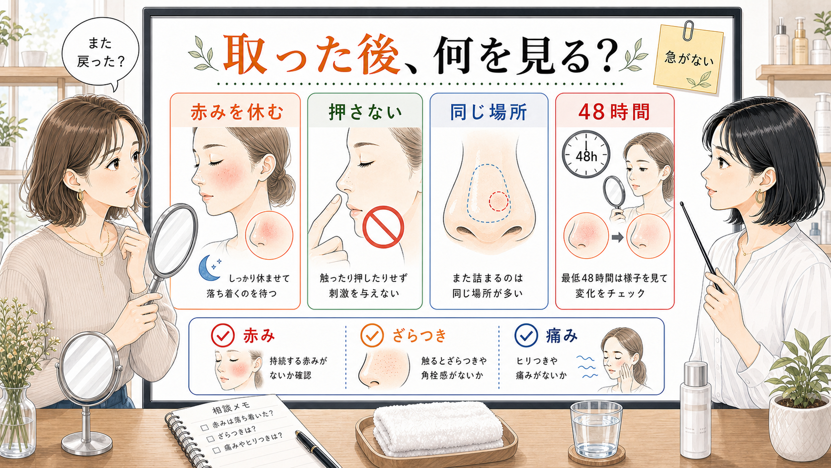 毛穴エクストラクション後の赤みやざらつきや痛みを48時間で確認する美容メディア挿絵