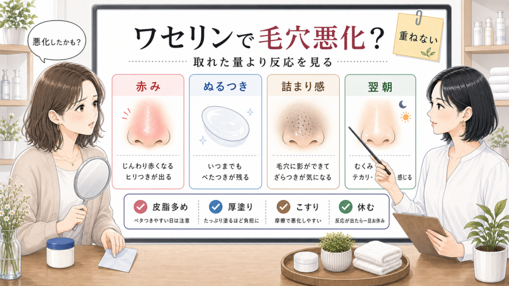 ワセリンで毛穴が悪化して見えるサインを確認する美容相談ボード