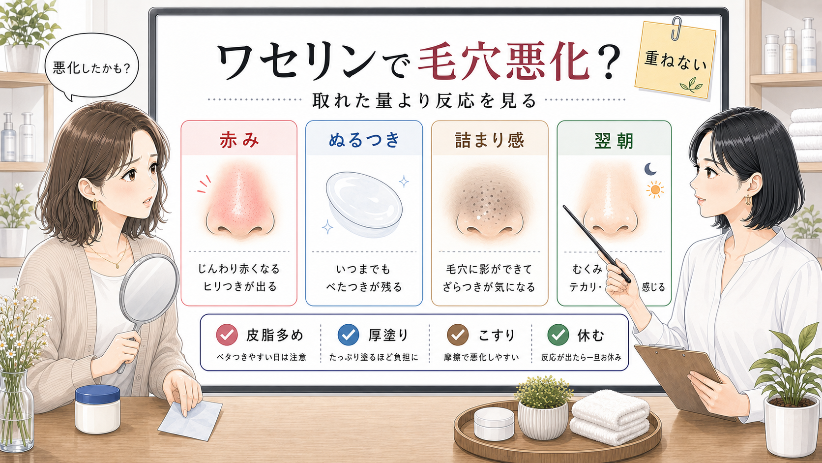 ワセリンで毛穴が悪化して見えるサインを確認する美容相談ボード