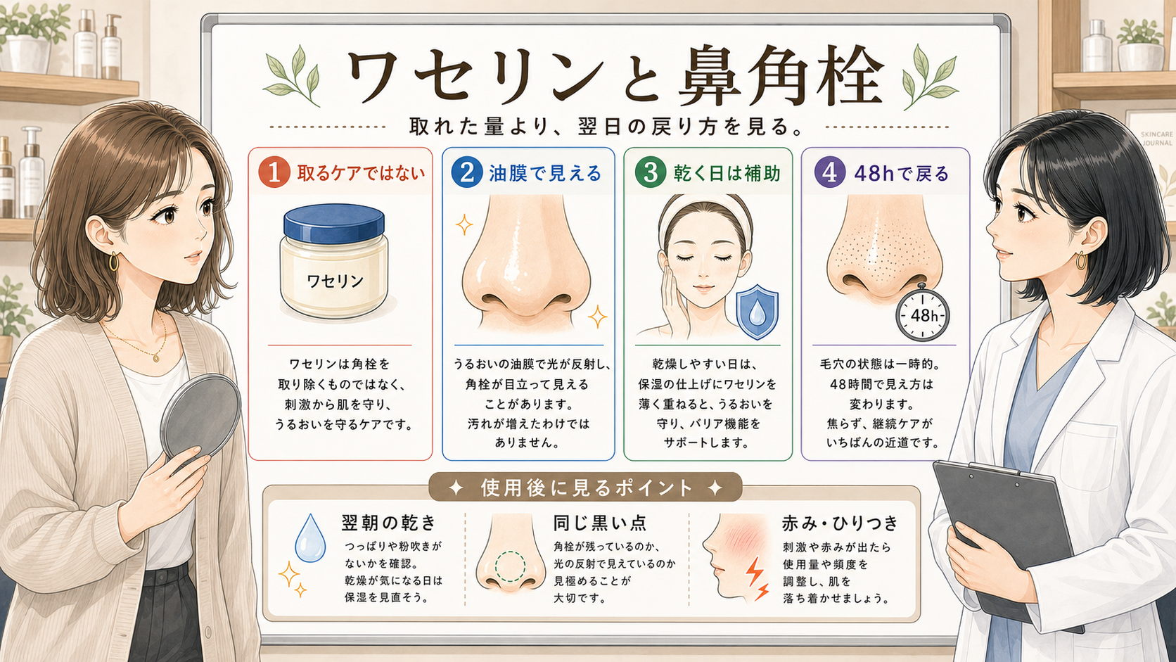ワセリンと鼻角栓の戻り方を整理するスキンケア相談イラスト