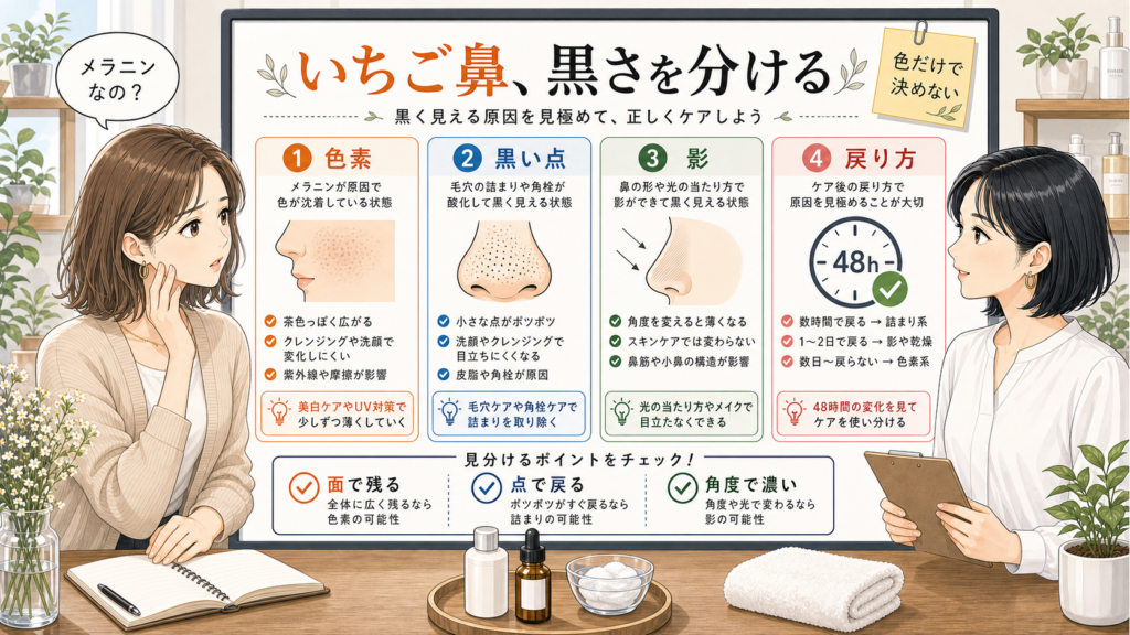 いちご鼻の黒さをメラニン・黒い点・影・戻り方で分ける図解