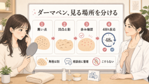 ダーマペンといちご鼻を黒い点、凹凸と影、赤み確認、48時間反応で整理するアイキャッチ