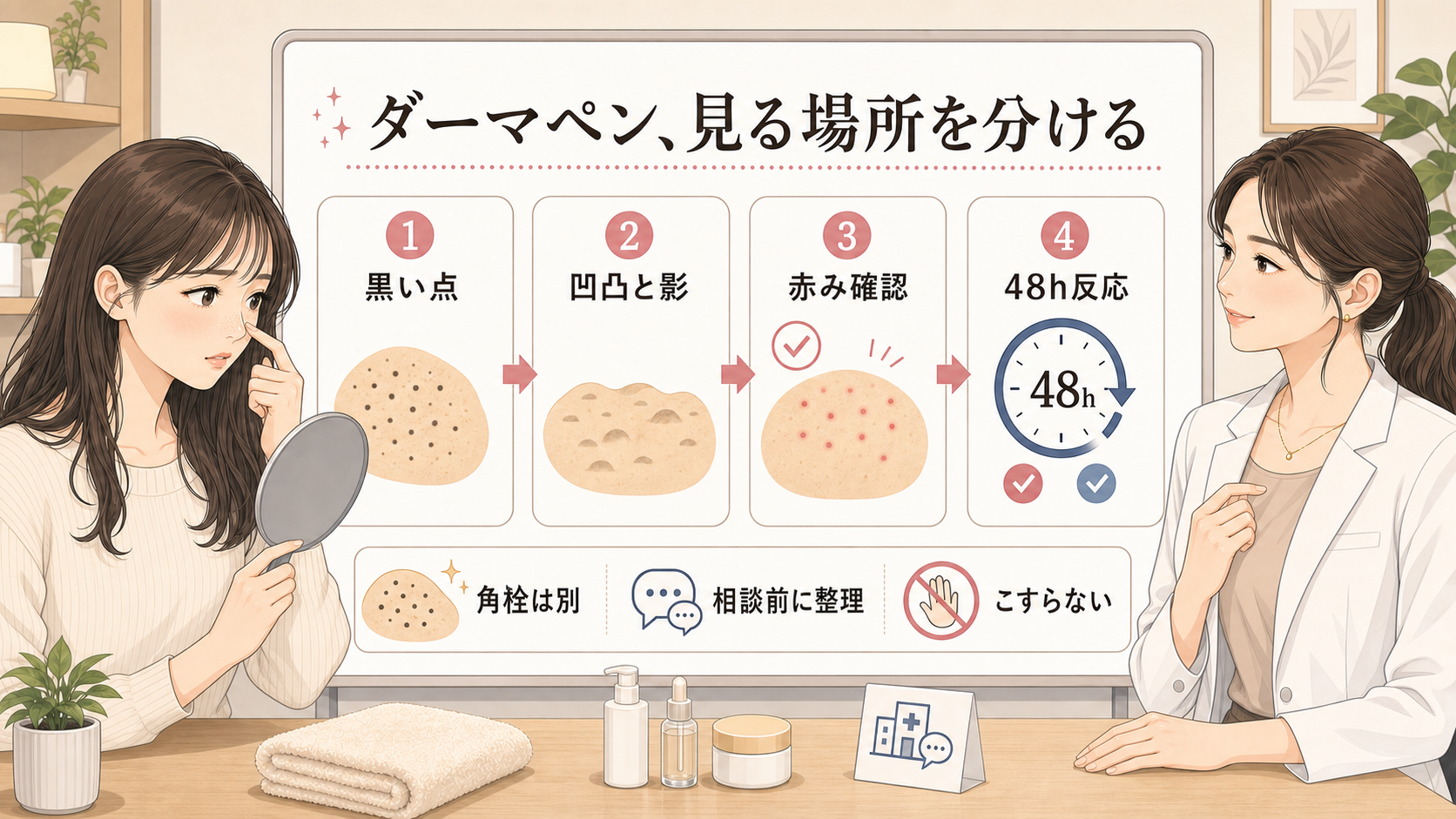 ダーマペンといちご鼻を黒い点、凹凸と影、赤み確認、48時間反応で整理するアイキャッチ