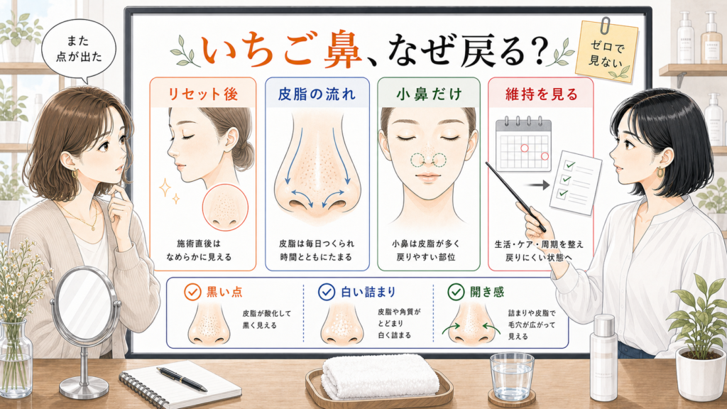 皮膚科治療後にいちご鼻が戻る理由をリセット後と皮脂の流れと小鼻の維持で比較する美容メディア挿絵