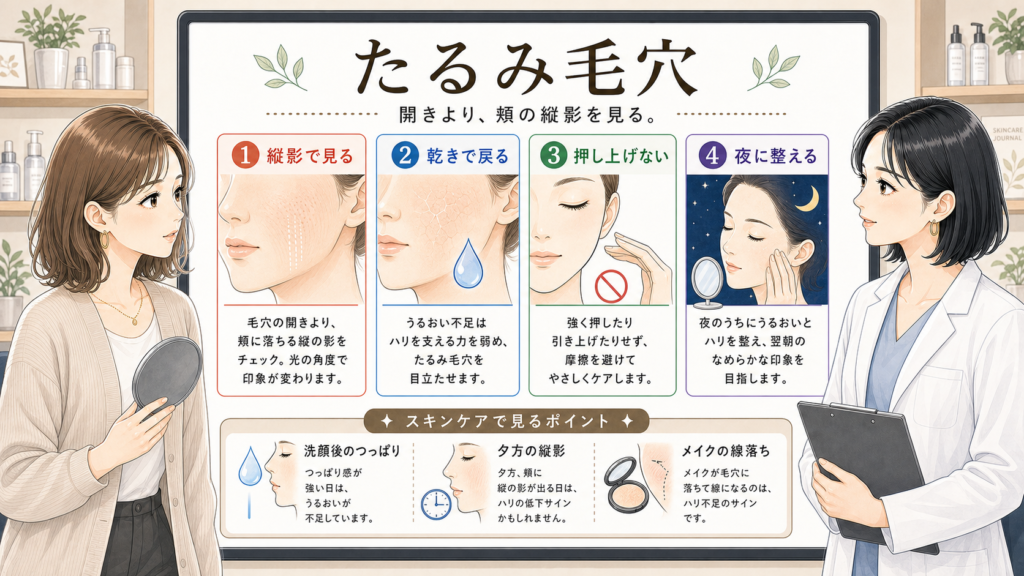 たるみ毛穴を頬の縦影と夜のスキンケアで整理する相談イラスト