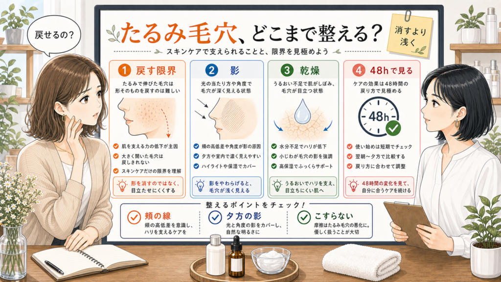 たるみ毛穴を戻す限界・影・乾燥・48時間の見え方で分ける図解