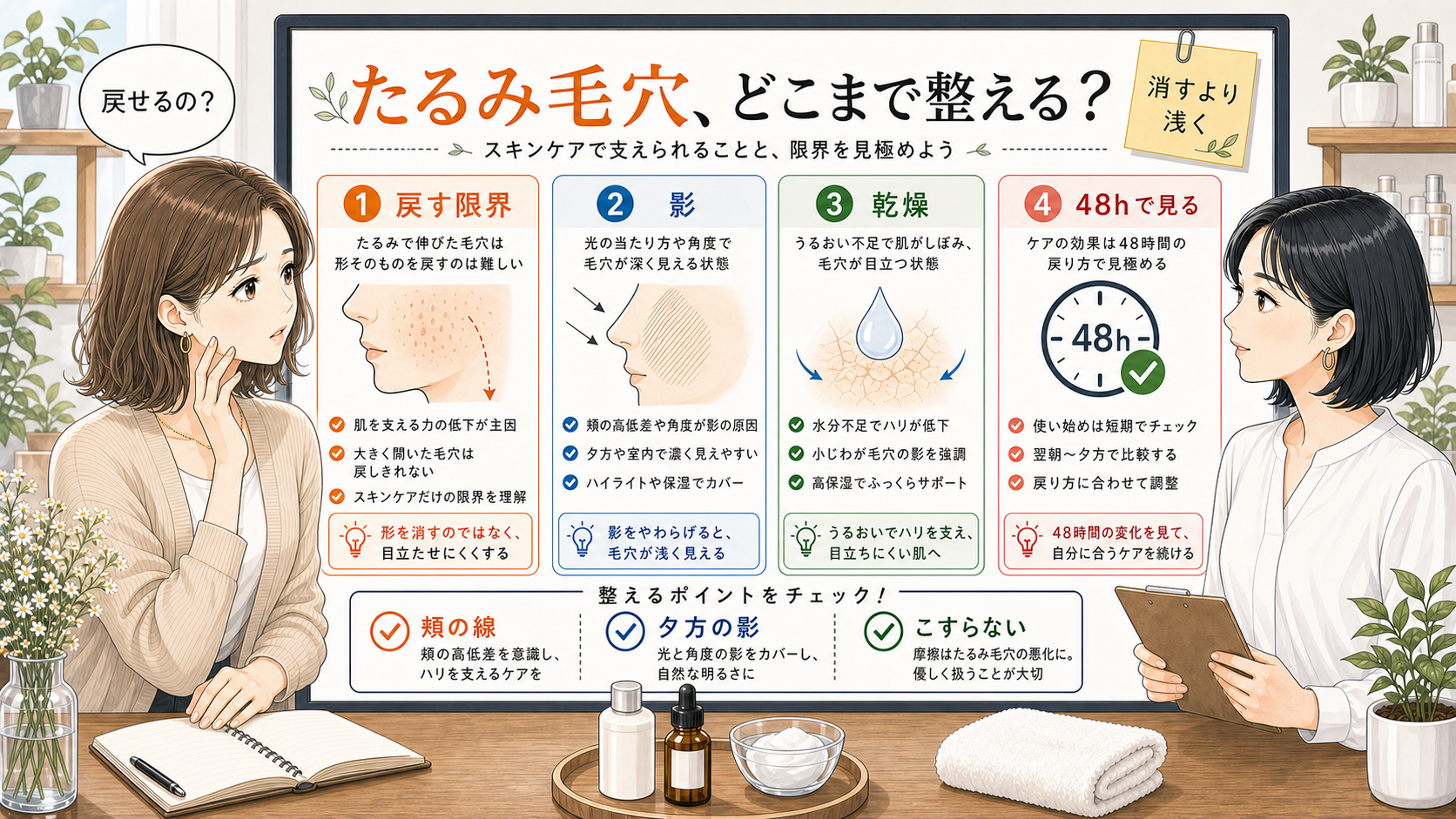 たるみ毛穴を戻す限界・影・乾燥・48時間の見え方で分ける図解