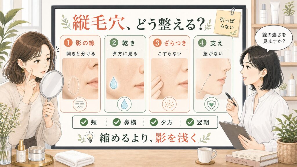 縦毛穴の影と乾きとざらつきを分ける女性向け解説ボード