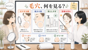 毛穴をなくすスキンケアを近すぎる鏡と乾きの影と落としすぎで見直す美容メディア挿絵
