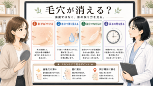 毛穴が消えたように見える影と水分油分の条件を整理する相談イラスト