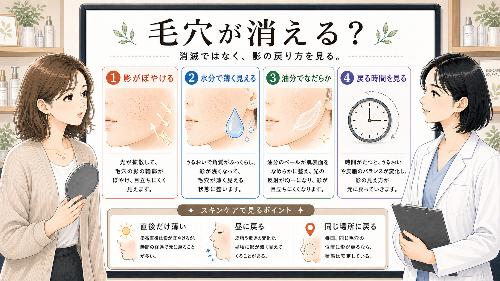 毛穴が消えたように見える影と水分油分の条件を整理する相談イラスト