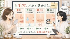 毛穴を小さく見せるために影、乾き、角栓、厚塗りを分けて確認するスキンケア相談ボード