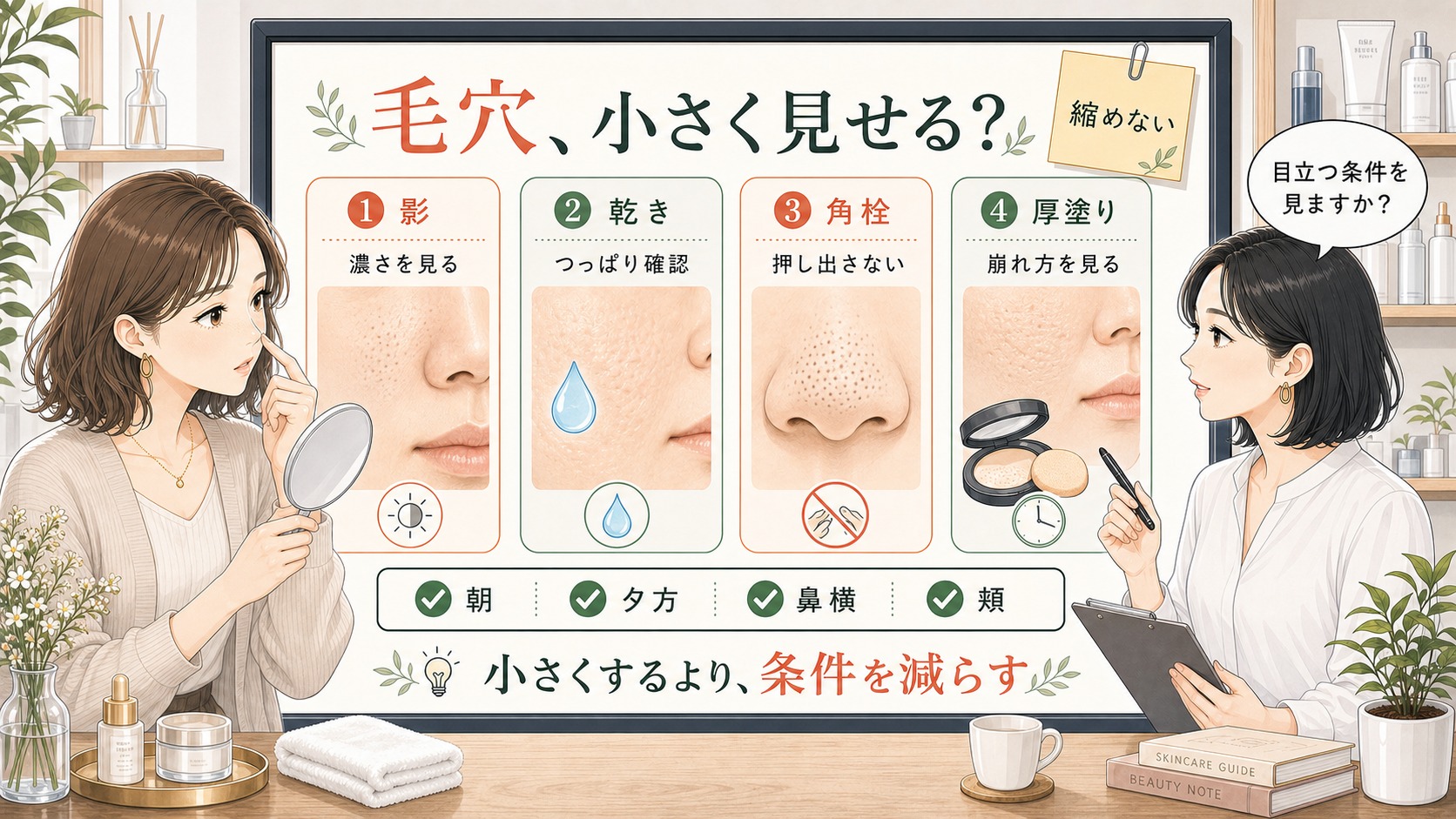 毛穴を小さく見せるために影、乾き、角栓、厚塗りを分けて確認するスキンケア相談ボード