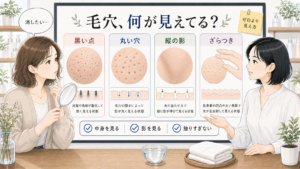 毛穴をなくしたい人が黒い点、丸い穴、縦の影、ざらつきを見分ける美容相談ボード