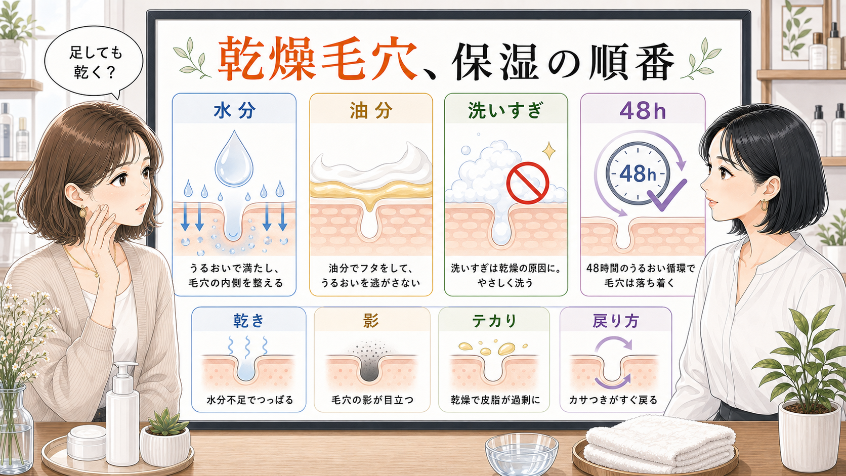 乾燥毛穴を水分油分洗いすぎ戻り方で整理する相談ボードのアイキャッチ
