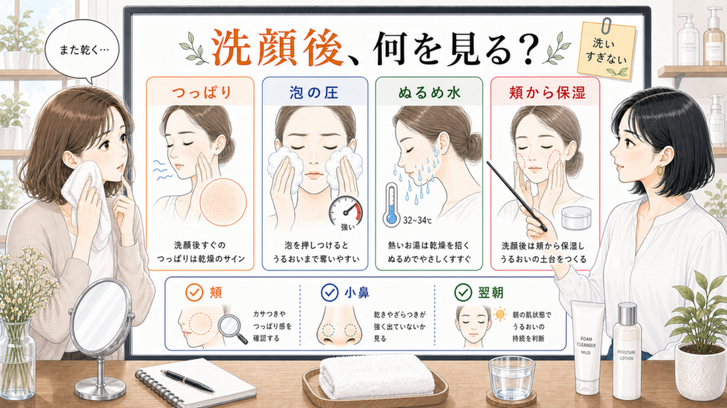 乾燥毛穴を悪化させない洗顔後のつっぱりと泡の圧と頬から保湿を比較する美容メディア挿絵