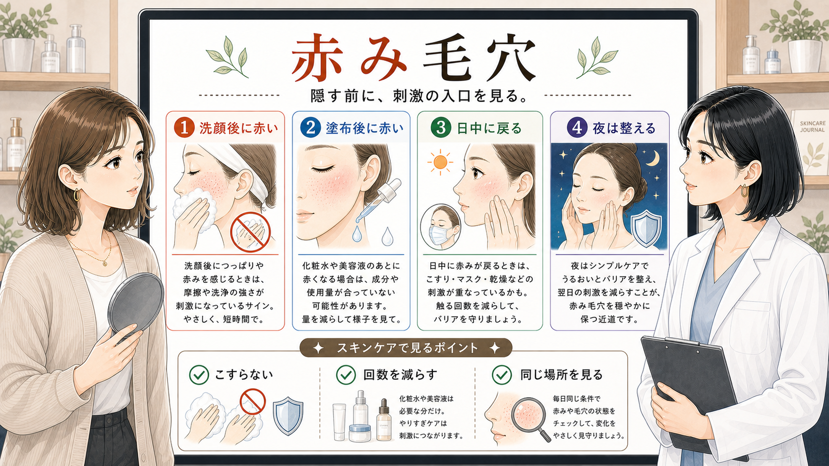 赤み毛穴を洗顔後や塗布後の刺激入口で整理する相談イラスト