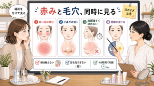 赤みと毛穴が同時に目立つ肌を、頬を休ませ小鼻だけ短く見る判断マップ